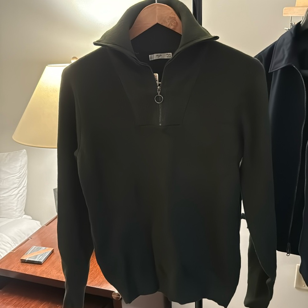 Mango Men Olive Green Funnel Neck Ribbed Zip Up Sweater - Men Small
